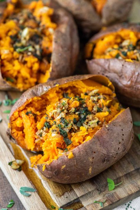 Smoked Sweet Potatoes, Dinner Side Dish Recipes, Crock Pot Sweet Potatoes, Sweet Potato Toppings, Crock Pot Potatoes, Sweet Potato Recipe, Baked Sweet Potatoes, Sage Butter, Cooking Sweet Potatoes