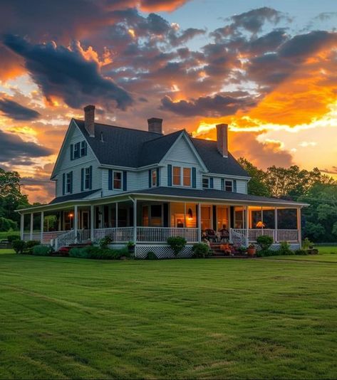 Home With Wrap Around Porch, Farmhouse With Wrap Around Porch, Fall Houses Exterior, House With Wrap Around Porch, Home In The Country, Cabin Mansion, Family Compound, Wraparound Porch, Best Farmhouse