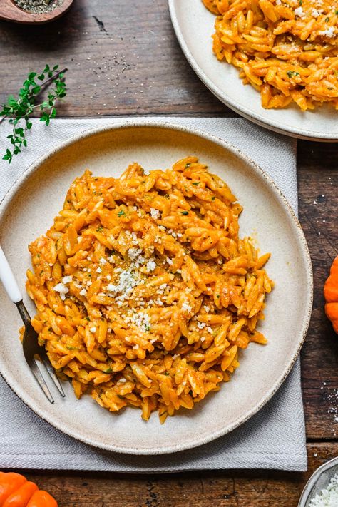 This creamy pumpkin orzo is a one pot recipe that's ready in less than 30 minutes! It's a delicious, easy fall side dish or light meal and can easily be made dairy free. Pumpkin Orzo, Homemade Froyo, Cheesy Orzo, Crowded Kitchen, Autumn Side Dishes, Healthy Bowls Recipes, Rice Bowls Recipes, Vegan Parmesan, Pasta Shapes