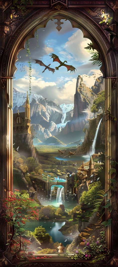 80 Fantasy Window Scenes of mountains, dragons, waterfalls, castles, and villages Castle With Waterfall, Dragon Den Fantasy Art, Castle Window Drawing, Fairytale Fantasy Aesthetic, Dnd Scene Art, Fantasy Background Drawing, Fantasy Mountain Castle, Fantasy Wedding Art, Castle Interior Concept Art