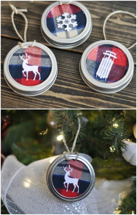 Mason Jar Lid Flannel Christmas Ornaments Christmas Crafts For Gifts For Adults, Make Your Own Christmas Ornaments, Old Flannel, Mason Jar Christmas Crafts, Christmas Ornaments Fabric, Keepsake Crafts, Christmas Crafts For Adults, Diy Christmas Tree Ornaments, Memory Crafts