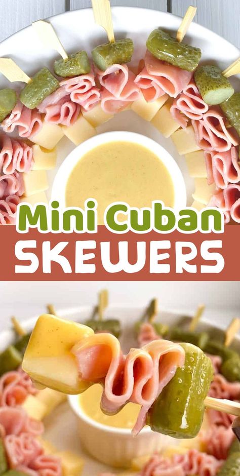 A super easy make-ahead appetizer for any party or family gathering! No baking and no skills required to make this yummy cold finger food. This skewered version of a Cubano sandwich is a fun way to get all the same flavors without the guilt. They are gluten free, keto friendly and so delicious. If you're looking for simple party food ideas, these fun little kabobs are the way to go! Simple Party Food Ideas, Sandwich Skewers, Simple Party Food, Cold Party Appetizers, One Bite Appetizers, Easy Make Ahead Appetizers, Cold Finger Foods, Cubano Sandwich, Epicure Recipes