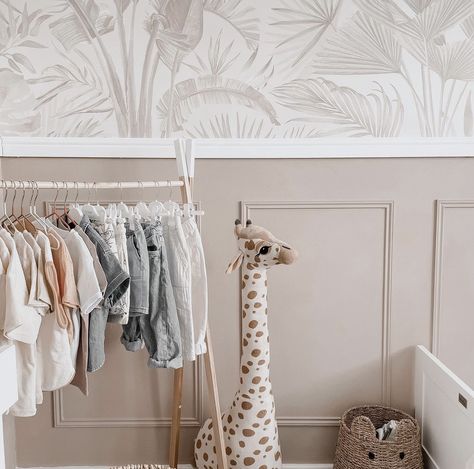 Wallpaper And Panelling Nursery, Baby Room Panelling, Nursery Paneling, Panelling Nursery, Nursery Panelling, Half Wallpaper Half Paint, Boy Nursery Wallpaper, Small Room Nursery, Nursery Design Neutral