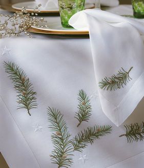 Christmas Branches table linen Embroidery Napkins, Christmas Branches, Christmas Linen, Pine Branches, Christmas Table Cloth, Christmas Style, 자수 디자인, Christmas Embroidery, Table Linen