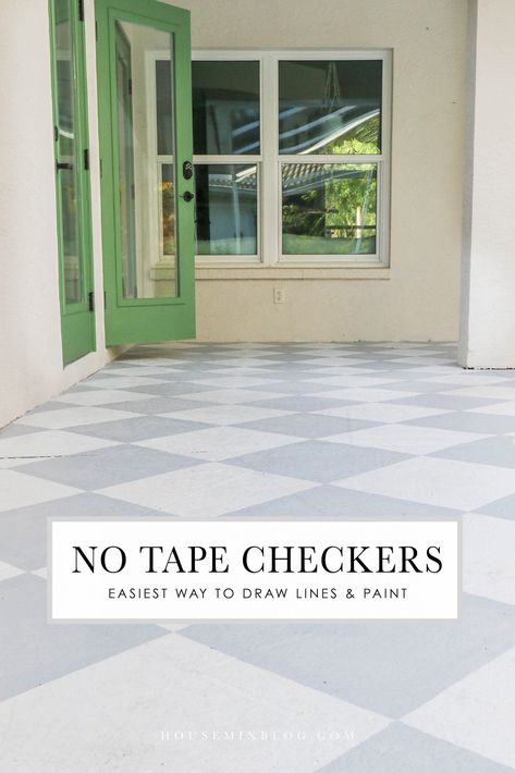 Diamond Pattern Painted Floor, How To Paint Squares On A Floor, Painted Outdoor Cement, Diy Concrete Painting, Navy Blue Porch Floor, Painted Concrete Floors Checkerboard, Checkered Stained Concrete, Painted Floor Ideas Cement, Painted Concrete Floors Pattern