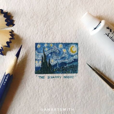 Abhijeet Jadhav on Instagram: "#ProjectMiniatures 🌌 'A Starry Night' Originally painted by Vincent Van Gogh . #Recreated . 📐25 × 35 mm ⏳3 Hrs 🎨Water Colours @fabercastellglobal on 📄 Watercolor paper @ayushpaper . ⏩ Swipe to see enlarged view 🔎 . ⭐Stay tuned for full demonstration video of this painting which is also the next video in HOW TO...series.⭐ 📽️ . . ❣️If you like this please show your support by sharing this and taging me @anartsmith . P.S. The Starry Night is an oil on canvas by The Starry Night, Water Colours, Van Gogh Art, Starry Night Van Gogh, Post Impressionists, Next Video, Room Decorations, Vincent Van, Museum Of Modern Art