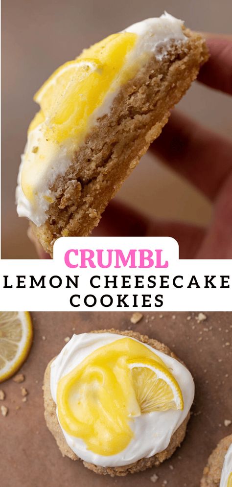 These Crumbl lemon cheesecake cookies are made wth a graham cracker cookie base, lemon cream cheese frosting, and a delicious swirl of lemon curd. Lemon Cheesecake Cookies, Cheesecake Cookies Recipes, Crumble Cookie Recipe, Lemon Cheesecake Recipes, Graham Cracker Cookies, Lemon Crinkle Cookies, Lemon Cheese, Cookie Base, Lemon Curd Recipe