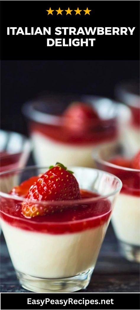 Are you ready for an Italian dessert that steals the show? This easy Strawberry Panna Cotta is delightful, creamy, and bursting with fruity flavor! Perfect as a weekend treat or for impressing guests at dinner, this simple recipe should definitely be on your menu. Made with just a handful of ingredients, it’s a must-have for those sunny afternoons or dinner parties. Serve it chilled with a drizzle of berry sauce and watch everyone go for seconds—trust us, it’s that good! Try making this sweet Italian classic today and savor every bite! Strawberry Panna Cotta Recipe, Strawberry Panna Cotta, Italian Soups, Italian Desserts Easy, Vegan Jambalaya, Minced Beef Recipes, Quick Pasta Dishes, Fakeaway Recipes, Panna Cotta Recipe