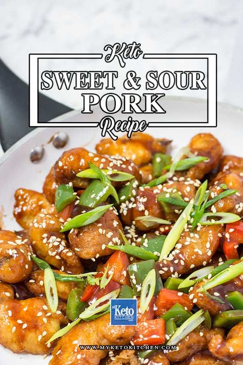 Keto Sweet and Sour Pork – “Easy” Chinese Takeout Recipe. Deliciously easy Keto Sweet and Sour Pork Recipe. The healthy crispy battered pork is perfecly coated in the sticky sauce. This healthy Chinese recipe is a great dinner that the whole family will love. #keto #chineserecipe #dinnerrecipe #glutenfree Sweet And Sour Pork Easy, Sweet Sour Pork Recipe, Sweet And Sour Pork Recipe, Sweet N Sour Pork Recipe, Healthy Chinese Recipes, Keto Approved Foods, Healthy Chinese, Chinese Recipe, Mapo Tofu