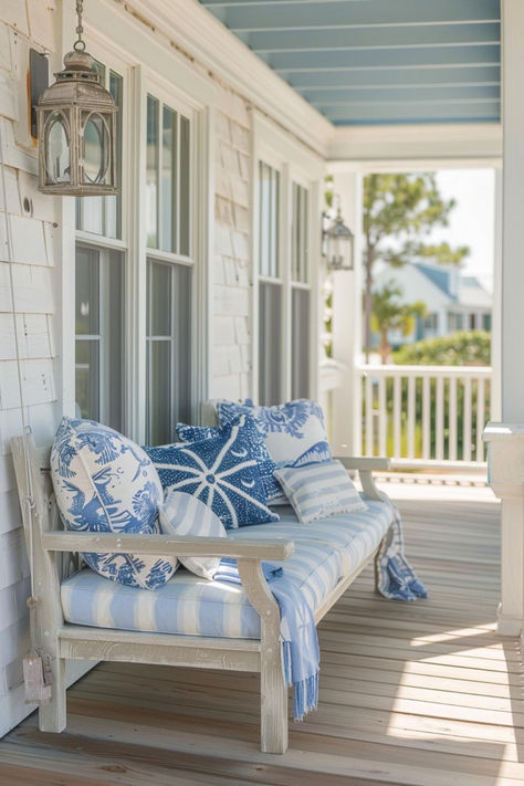 45 Aesthetic Small Front Porch Ideas for a Charming Entry Beach House Front Porch Furniture, Beach House Front Porch Coastal, Nantucket Front Porch, Beach House Porch Aesthetic, Small Beach House Exterior Coastal, Coastal Porch Ideas, Nantucket Rocking Chair Front Porches, Southern Front Porch, Small Front Porch Decor