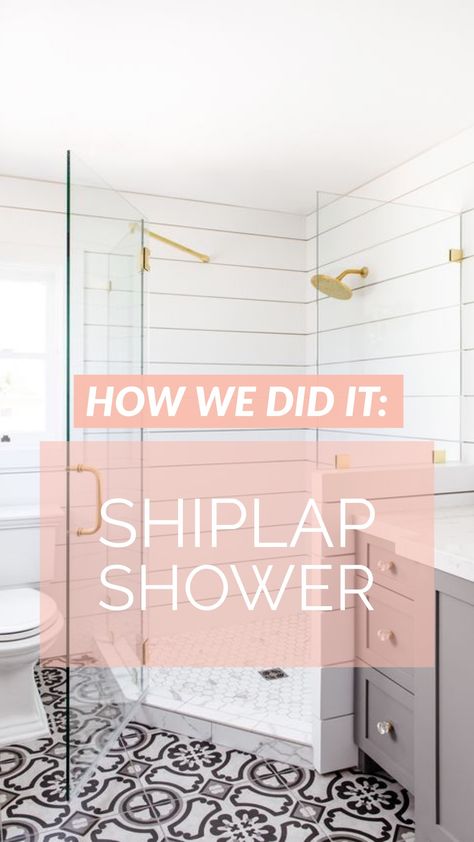 Using THIS material to make a waterproof, bathroom-ready Shiplap Shower #shiplap #shiplapshower #bathroomremodel #showerideas Colored Vanity, Restroom Ideas, Decorating Bathrooms, Shiplap Bathroom, Walk In Shower Designs, Bathroom Shower Walls, Ship Lap, Shower Wall Panels, Waterproof Bathroom