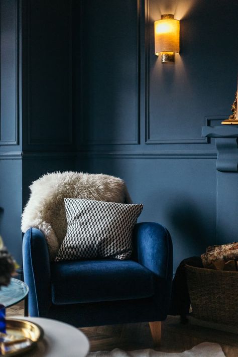 Hauge Blue Paint, Hallway Wall Colors, Dark Blue Living Room, Small Sectional Sofa, Navy Blue Living Room, Snug Room, Hague Blue, Wooden Sofa Set Designs, Blue Lounge