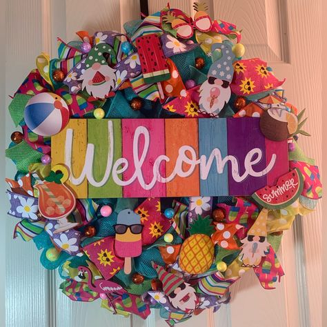 Colorful And Fun Welcome Summer Door Wreath! 22 Inches Diameter- Brand New!! Summer Door Decorations, Summer Door Wreath, Wall Wreath, Summer Door Wreaths, Welcome Summer, Wreath Ideas, Summer School, Wreath Crafts, Door Wall