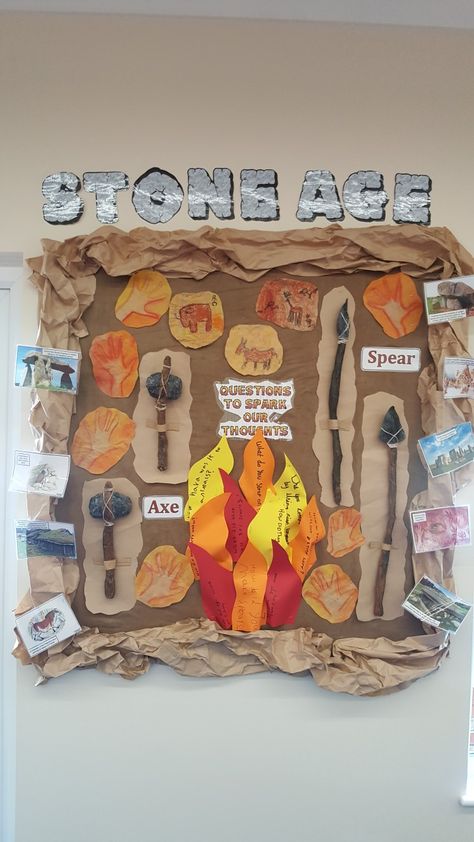 Stone Age School Display, Stone Age School Project, Stone Age Display Classroom, Stone Age Display Year 3, Early Humans Projects, Stone Age Projects For Kids, Stone Age Project, Prehistoric Art Projects, Early Humans Activities