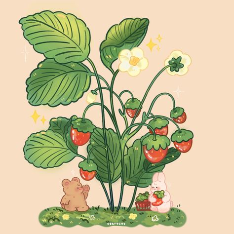 @ughrosey Strawberry Vines Drawing, Strawberry Fields Drawing, Strawberry Garden Drawing, Strawberry Field Illustration, Strawberry Patch Drawing, Strawberry Cute Art, Strawberry Plant Drawing, Strawberry Nursery, Strawberry Room