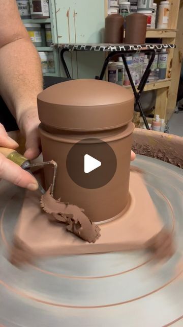 Anne Terpstra on Instagram: "Trimming a lidded jar - when a single form becomes two pieces.  #jar #ceramicjar #liddedjar #standardclay266 #iambrent #wheelthrowing #wheelthrown #trimmingpottery #chicagoceramics #chicagoartist #potteryvideo #potteryvideos #potteryreels #potteryreel #artreels #processvideo #maker #queerartist #potterystudio #pottery" Wheel Thrown Lidded Jar, Lidded Pots Ceramics, Pottery Jars With Lids, Pottery Lids, Functional Pottery Ideas, Lidded Jars Pottery, Lidded Pottery, Throwing Pottery, Pottery Jars