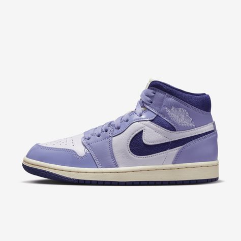 Dope sneakers count as self-care. And with colors inspired by the aisles of your neighborhood beauty supply store (plus cloud-like Nike Air cushioning underfoot), these mid-top J's will have you feeling anything but mid. Go ahead—treat yourself. Air Jordans Purple, Air Jordan 1 Mid Purple, Jordan 1 Mid Purple, Luxury Stuff, Original Air Jordans, School List, Jordan Model, Air Jordan 1 Mid Se, Nike Air Jordan 1 Mid