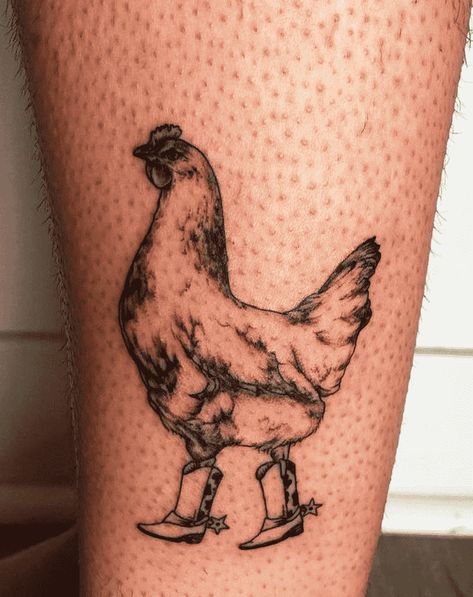 Chicken Print Tattoo, Farm Animals Tattoo Ideas, Chicken With Cowboy Hat Tattoo, Watercolor Chicken Tattoo, Cowboy Chicken Tattoo, Chicken Foot Tattoo, Chicken Tattoo Design, Chicken Tattoo Ideas, Hen Tattoo