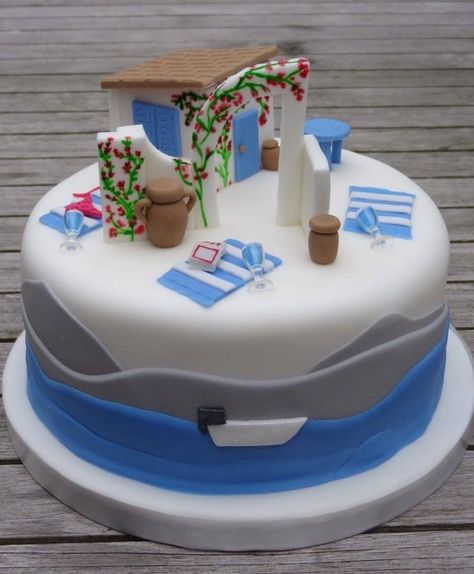 Greek+island+cake+-+Cake+by+Jane-Simply+Delicious Greece Cake Birthday, Greek Birthday Cake, Greek Cake, Island Cake, Single Tier Cake, Cheer Someone Up, 16 Birthday Cake, Crazy Cakes, Mama Mia