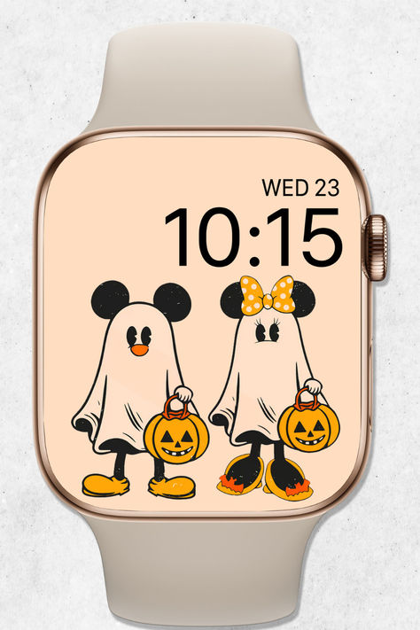 👻 Embrace the spirit of Halloween and celebrate the season with our Mickey & Minnie Ghost Halloween Apple Watch Wallpaper. Whether you're trick-or-treating, attending a costume party, or just enjoying the season's festivities, this cute Halloween Ghost watch wallpaper design brings a playful and eerie charm to your wrist. Halloween Watch Wallpaper, Mickey Halloween Wallpaper, Apple Watch Wallpaper Halloween, Halloween Watch Face, Watch Wallpaper Halloween, Halloween Apple Watch Wallpaper, Halloween Watch, Halloween Apples, Watch Wallpapers