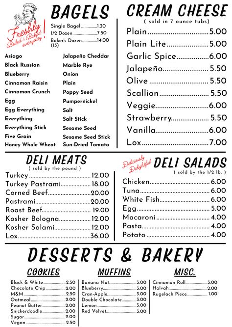 Bexley Menu | Fox's Bagel & Deli Bagel Menu Design, Deli Logo, Cafe Menu Design, Take Out Menu, Cheese Bagels, Cinnamon Crunch, Deli Sandwiches, Jalapeno Cheddar, Black Russian