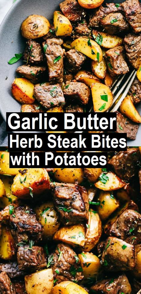 Steak Lunch Recipes, Garlic Butter Herb Steak Bites, Steak Bites With Potatoes, Garlic Herb Potatoes, Steak Lunch, Herb Potatoes, Butter Herb, Butter Steak Bites, Gluten Free Meat