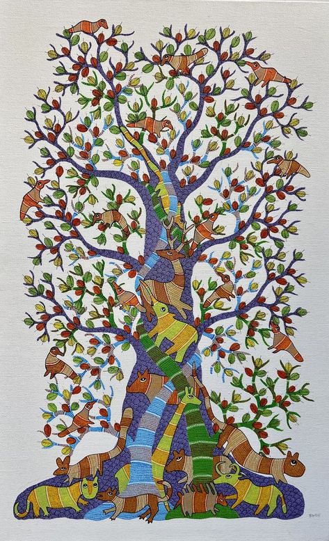 Lovely Gond Painting by our artist Rhythm Art, Gond Painting, Gold Art Painting, Kalamkari Painting, Kerala Mural Painting, Madhubani Art, Indian Folk Art, Madhubani Painting, Indian Art Paintings