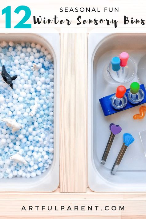 12 Winter Sensory Bins for Kids Snow And Ice Sensory Bin, Sensory Box Diy, Easy Water Play For Toddlers, Kinetic Sand Sensory Bin Ideas, Preschool Winter Sensory Bin, Frozen Sensory Bin, Winter Sensory Bin Ideas, Winter Sensory Bin Preschool, Kinetic Sand Sensory Bin