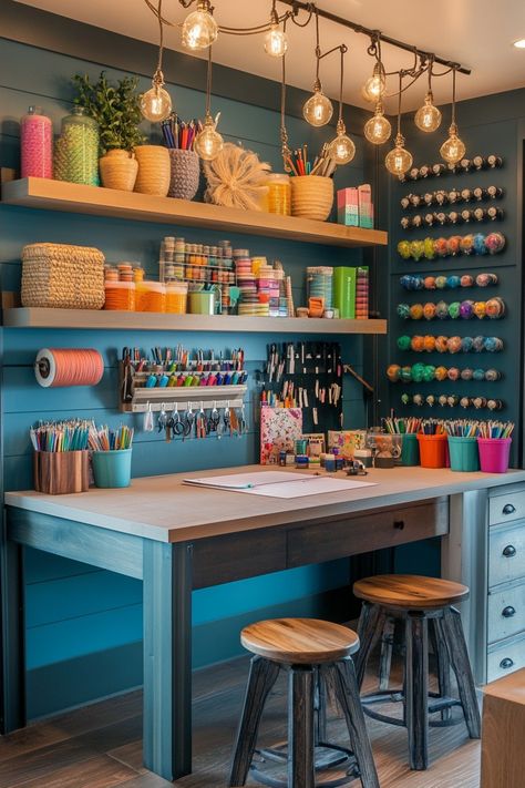 office-craft-room-combo Craft Storage Small Space, Craft Room With Futon, Craft Room Supplies, Bonus Room Organization, Art Therapy Room Spaces, Sewing Corner Ideas Small Spaces, Gaming And Craft Room, Small Art Spaces At Home, Art And Craft Room Ideas Work Spaces