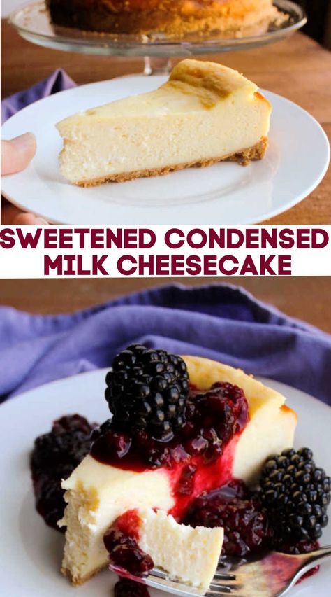 This cheesecake is super simple to make and is basically no fail! I've never had it crack on me. Plus it has the rich goodness of sweetened condensed milk baked, so you know it has to be good! Follow my simple tips and you'll be enjoying your own perfect cheesecake as well. Cheesecake Recipes Easy No Bake Condensed Milk, No Bake Cheesecake Sweetened Condensed, No Bake Cheesecake With Condensed Milk, Cheesecake Condensed Milk, Recipes Using Sweetened Condensed Milk, Condensed Milk Cheesecake Recipes, Recipe With Sweetened Condensed Milk, Recipes Using Condensed Milk, Condensed Milk Desserts