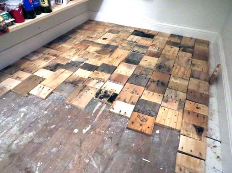 Creative Flooring Ideas Diy, Scrap Wood Flooring Ideas, Flooring Ideas Diy, Unusual Flooring, Cheap Bathroom Flooring Ideas, 2x4 Flooring End Pieces, Pallet Flooring Indoor, Cheap Flooring Ideas Diy Budget, Diy Flooring On A Budget