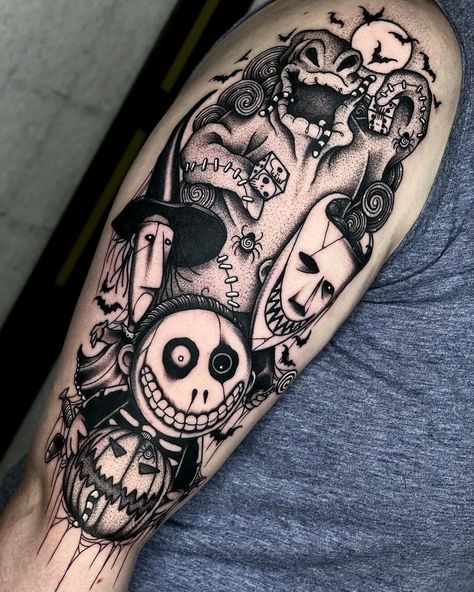 Angelo Parente on Instagram: “Oogie Boogie, Lock, Shock, and Barrel 🎃 #thenightmarebeforechristmas . . . #blackworkers_tattoo #inkedmag #dotworktattoos #eternalink…” Tim Burton Tattoo Ideas, Tattoo Nightmares, Jack Skellington Tattoo, Halloween Tattoos Sleeve, Tim Burton Tattoo, Nightmare Before Christmas Tattoo, Goth Tattoo, Christmas Tattoo, Scary Tattoos