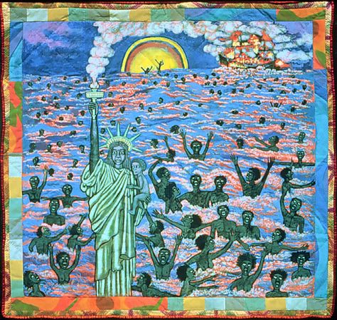 We Came to America, Faith Ringgold, 1997, Acrylic on canvas; painted and pieced border, 74.5 x 79.5 inches Faith Ringgold Art, History Of Quilting, Faith Ringgold, New Museum, Pattern And Decoration, Black Artists, Museum Of Modern Art, Black People, Metropolitan Museum Of Art