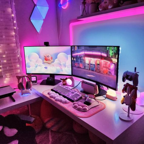 Pink Gaming Room, Gaming Room Aesthetic, Aesthetic Gaming Room, Kirby Aesthetic, Aesthetic Setup, Aesthetic Gaming, Computer Gaming Room, Copic Marker Art, Pink Games