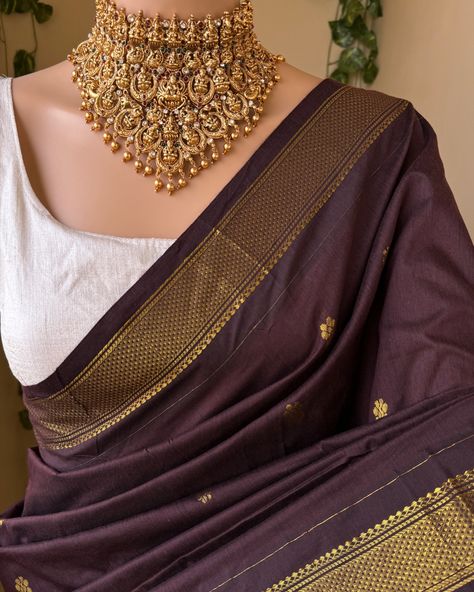 Www.thejacouture.in > Full Butta Traditional cotton silk saree > coffee brown cotton silk saree. . Saree Description: Coffee brown cotton silk saree with contrast zari border and butta all over. Comes with running blouse. Saree height: 46 inches. Saree length: 5.5 meters. Blouse : 80cm Care: Normal wash. priced:1450/- INR For for details and query direct message us❤️. . #saree #sareelove #sareelovers #sareeblouse #sareefashion #sareedraping #sareepact #sareeblousedesigns #sareeinspira... Full Length Blouse Designs Saree, Brown Saree With Contrast Blouse, Coffee Colour Saree, Brown Saree Look, Gold Saree With Contrast Blouse, Brown Saree Blouse, Coffee Brown Saree, Dark Brown Saree, Graduation Saree