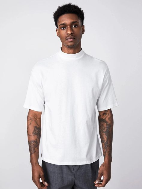 SHEIN BASICS Men Mock Neck Solid Tee | SHEIN USA Skin Tone Dress Color, Skin Tone Dress, Shein Basics, Mock Neck And T Shirt, Warm Dresses, Tattoo Sleeve Men, Men Tops, Tshirt Mockup, Tshirt Outfits