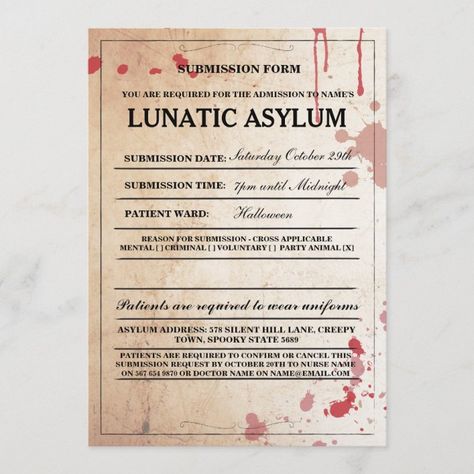 Lunatic Asylum Form Halloween Party Invite - halloween invitations wbg Halloween Invitaciones, Asylum Halloween, Vampire Family, Family Halloween Party, Halloween Party Invite, Doctor Names, Lunatic Asylum, Free Birthday Card, Zombie Vampire