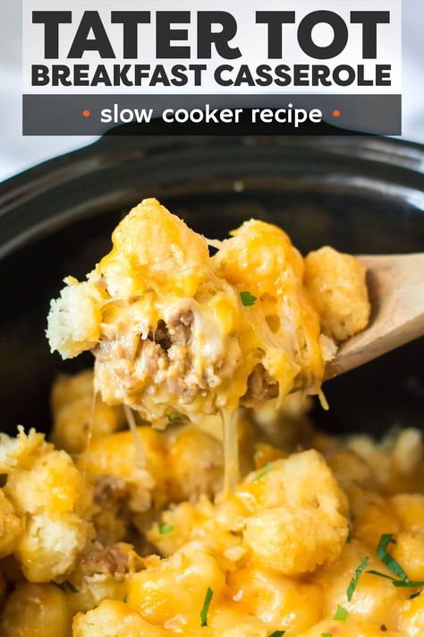 Slow Cooker Tater Tot Breakfast Casserole is a delicious, hearty breakfast bake that comes together right in the slow cooker!  Tater tots, sausage, eggs, and cheese make this savory casserole a favorite for kids and adults alike! | www.persnicketyplates.com Overnight Crockpot Tater Tot Breakfast Casserole, Tater Tot Breakfast Casserole Crock Pot, Mountain Man Crock Pot Breakfast, Breakfast Casserole Crock Pot, Breakfast Boats, Savory Casserole, Team Breakfast, Tot Breakfast Casserole, Persnickety Plates