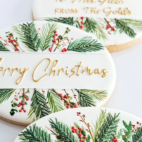 Willow on Instagram: "Holiday Presale - Personalized Greeting Cookies Each of the Holiday 2023 Cookie Sets include a festive greeting cookie, hand painted, iced and personalized to meet your needs. Choose from Merry Christmas/Happy Holidays, your family name, a To:/From: gift tag style, or come up with your own message for your special gift!" Christmas Name Cookies, Hand Painted Christmas Cookies, Christmas Cookies With Names, Christmas Wreath Cookies Decorated, Holiday Sugar Cookies Decorated, Wreath Cookies Decorated, Cookie Business Names, Painted Christmas Cookies, Merry Christmas Cookies