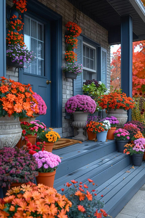 60 Fall Decor Ideas: Transform Your Home With Seasonal Charm Burgundy Mums Fall Porch, Fall Garden Ideas Landscapes, Autumn Garden Ideas, Colorful Halloween Decor, Fall Patio, Fall Planters, Fall Decor Ideas, Fall Arrangements, Fall Front Porch