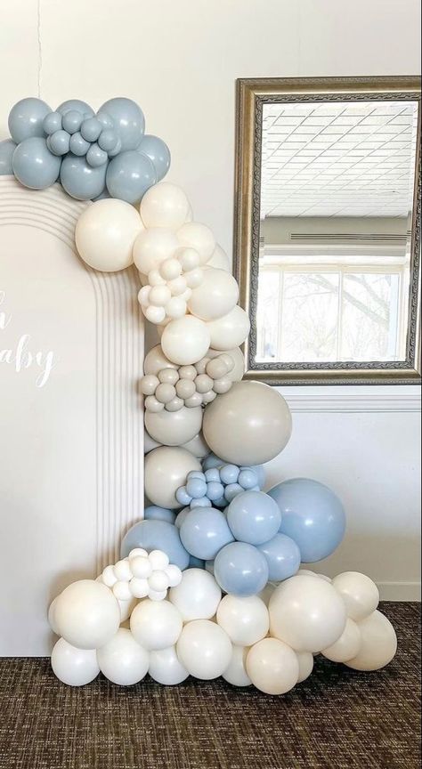 Baby Shower Boy Balloon Arch, Dreamy Baby Shower Theme Boy, Neutral Blue Baby Shower Ideas, Dusty Blue Balloon Arch, Blue And Tan Baby Shower Ideas, White And Blue Baby Shower Ideas, Boy Baby Shower Color Scheme, Baby Boy Shower Balloon Arch, Winter Baby Shower Balloon Arch