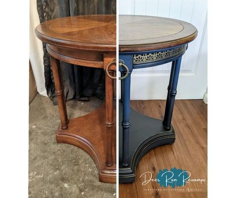 These large round accent tables are unique, they're a bit too large for an end table, but too tall to be a coffee table..this makes them perfect for the center of a large entryway or in between 2 beautiful chairs to form a sitting area.I wanted to go elegant with this update and I knew just the products to use.....*Listed time does not include dry time, it's work time only*Listed price is for the amount of product used, not for the initial cost of the product First things first ....C… Half Round Table Makeover, Painted End Tables Diy, Round End Table Makeover, Repaint Furniture, Redo End Tables, Half Round Table, Refurbishing Furniture, Large Entryway, End Table Makeover