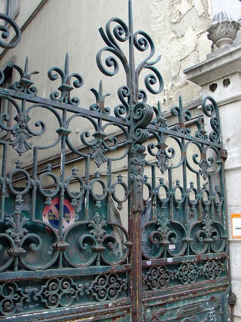 Iron Railing Design, Gate Wall Decor, Iron Fence Gate, Grill Gate Design, Iron Stair Railing, Wrought Iron Stairs, Rod Iron, Wrought Iron Design, Wrought Iron Decor