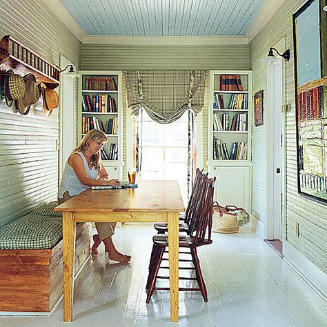 Double Duty Farm Table Cottage Makeover, Blue Ceilings, Stylish Dining Room, White Chairs, Built In Seating, Beautiful Dining Rooms, Modern Farmhouse Kitchens, Small Dining, Farm Table