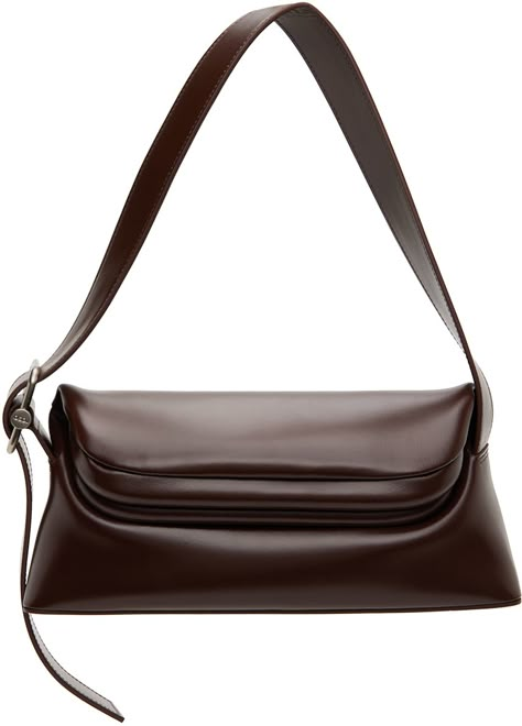 Find Osoi Brown Folder Brot Bag on Editorialist. Buffed leather shoulder bag in brown. · Adjustable shoulder strap · Logo stamp at back face · Hinged foldover closure · Patch pocket at interior · Cotton canvas lining · Logo-engraved silver-tone hardware · H5.5 x W12 x D3 Supplier color: Choco brown Triangle Bag, Fancy Bags, Brown Leather Bag, Brown Bag, Brown Handbag, Brown Purses, Fashion Now, Silver Engraving, Brown Bags