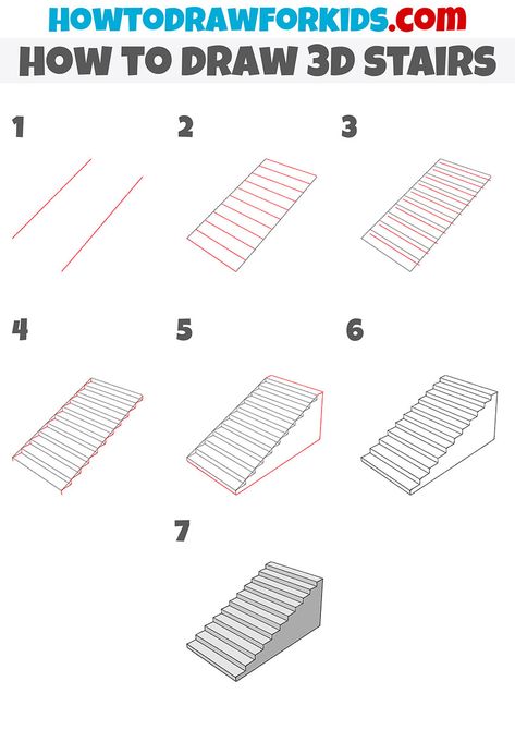 how to draw 3d stairs step by step How To Draw In 3d Step By Step, How To Draw Stairs Step By Step Easy, 3d Stairs Drawing, How To Draw Stairs Step By Step, 3d House Drawing, Practice Drawing Shapes, 1 Point Perspective Drawing, How To Draw Stairs, House Doodle