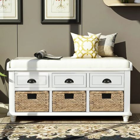 Longshore Tides Darr Drawer Storage Bench | Wayfair Rustic Storage Bench, White Storage Bench, Shoe Bench Entryway, Rattan Baskets, Bench With Drawers, Rustic Storage, Upholstered Storage Bench, White Storage, Living Room Entryway