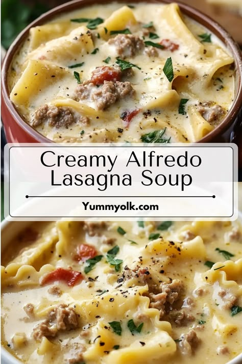 Easy Creamy Alfredo Lasagna Soup Recipe This Easy Creamy Alfredo Lasagna Soup Recipe is a must-try for busy weeknights! 🍝✨ Creamy, hearty, and full of Italian-inspired flavors, it’s ready in no time and perfect for the whole family. Make your dinner extra special tonight! 🥄❤️ #AlfredoSoup #LasagnaInspired #DinnerRecipes #QuickMeals Alfredo Lasagna Soup, Quick Winter Dinner Recipes, Breakfast Lasagna Recipe, Recipes With Lasagna Noodles, Lasagne Soup, Lasagna Soup Crockpot, Main Entree Recipes, Warm Soup Recipes, Chicken Alfredo Lasagna