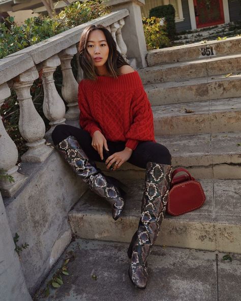 Snake Print Boots Outfit Winter, Snake Print Boots Outfit, Snakeskin Boots Outfit, Print Boots Outfit, Thigh High Boots Outfit, Knee Boots Outfit, Winter Boots Outfits, Snake Print Boots, Aimee Song