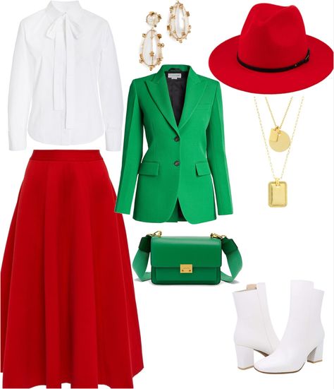 Green And White Combo Outfit, Red White And Green Outfit, Red And Green Outfit Christmas, Green And Red Outfits For Women, Green And Red Outfit, Red And Green Outfit, Green Blazer Outfit, Red Outfits For Women, Green Skirt Outfits